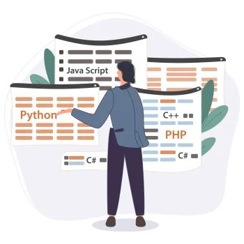 Programmer working on web development code. Engineer programming in python, php and java script on computer. Vector illustration professional software developers concept Pemrograman Python
